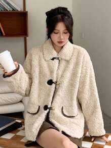 DAZY 女士撞色抓绒外套，秋季女装女式外套 - 米色 - 查看 10