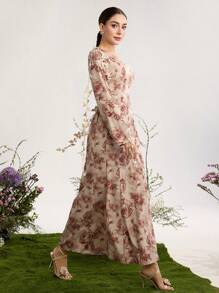 Graceveil Vestido abaya floral de flujo modesto y extra largo con estampado de teñido anudado para mujer