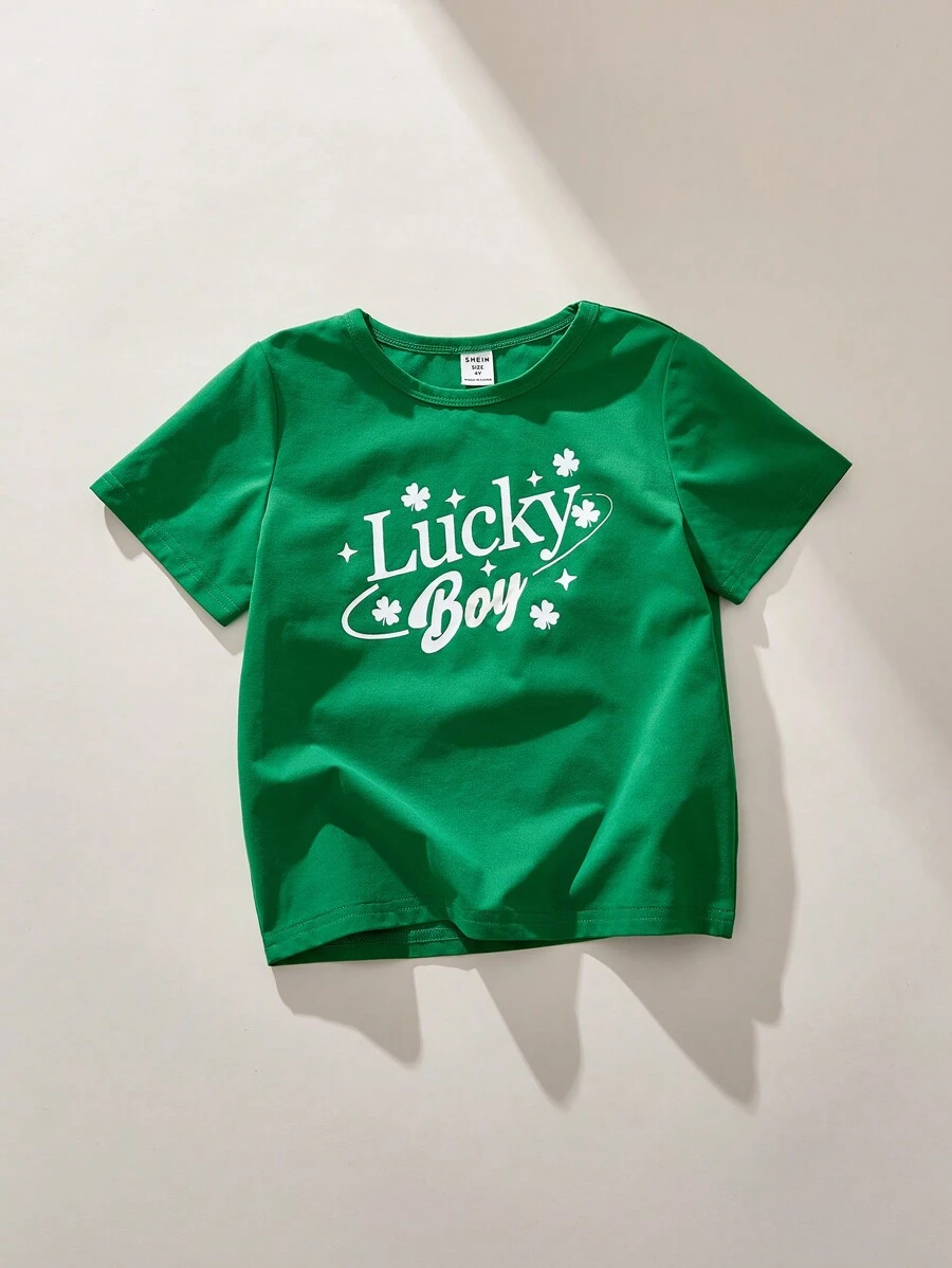 SHEIN 年轻男孩休闲简约风格 T 恤，日常穿着 - 綠色 - 查看 1