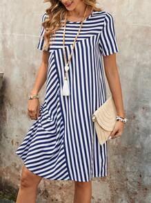 EMERY ROSE 女士条纹圆领短袖休闲短裙 - 藍白色 - 查看 7