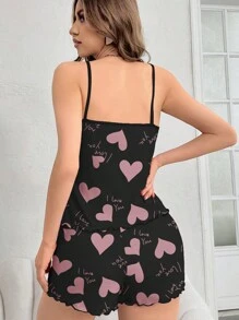 2pcs Heart & Letter Print Ruffle Strap Camisole And Shorts Pajama Set - Black - View 2