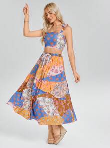 Wildy Boho Vacay Bohemian Western Wear Women Women 2pcs Set: Printed Slip Dress & Sleeveless Skirt, Resort Wear