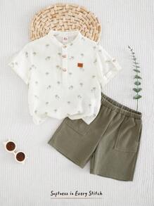 Cozy Pixies 2 conjuntos: Top de cuello de tripulación de manga corta y media cartera de unicolor y pantalones cortos para niños pequeños