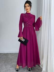 Veilorie Rose Red Fold Rhinestone Romantic And Elegant Arabic Style Dress, Lotus Long Sleeves Fashionable For Daily Wear Spring Valentine's Day Rave Outfits Festival,Modest - Rose Red - View 5