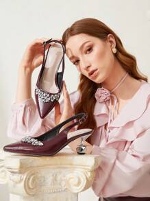 CUCCOO CHICEST 时尚优雅配色蝴蝶结米色尖头高跟鞋，适合宴会、婚礼、通勤、约会、派对春假复活节舞会高跟鞋 - 酒紅色 - 查看 5