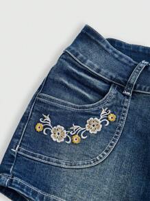ROMWE Fairycore Low Rise Y2K Vintage Floral Embroidery Tattoo Print Skinny Denim Shorts - Blue - View 3