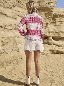 LanaWest Women Geometric Print Long Sleeve Casual Shirt (Printed Pattern Asymmetric) - Pink - View 2