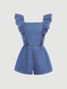 SHEIN Girlism Tween Girls Summer Boho Backless Denim Playsuit With Cute Ruffle Hem And Bowknot, Summer Beach Denim Romper - Light Wash - View 2