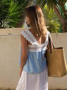 DAZY 度假蕾丝拼布抽绳系带牛仔衬衫夏季 - 藍色 - 查看 3
