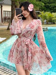 DAZY 女士花卉印花喇叭袖和服罩衫，适合夏季海滩度假 - 彩色 - 查看 5