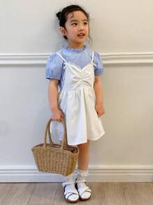 DAZY 2 pièces Set: Top à manches courtes et robe style camisole jeune fille simple, tenue décontractée de tous les jours, tenues d'été pour filles - Blanc - Voir 6