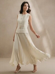 Anewsta 时尚优雅无袖单排扣珍珠纽扣百褶腰连衣裙，适合情人节、暑假、新年、端庄、老钱风格、婚礼嘉宾