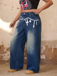 SHEIN ICON Plus Size Women Loose Relaxed Wide Leg Jeans - Blue - View 6