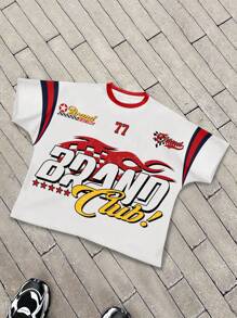 ROMWE MEN Prep Men's Casual Contrast Color Letter & Number Print Ragged T-Shirt