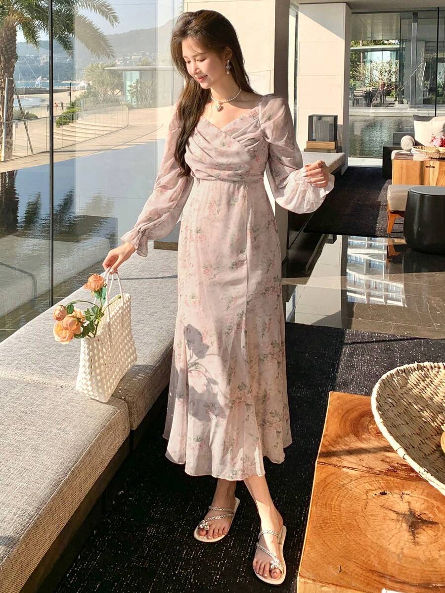 DAZY 女士度假花卉印花甜心领长袖优雅浅粉色连衣裙,荷叶边 - 藕粉色 - 查看 1