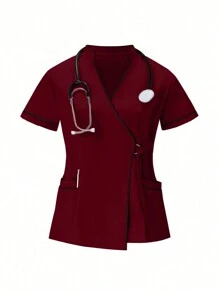 TaskEZ 2pcs Contrast Trim Casual Short Sleeve Top And Solid Color Pants Uniform Set, Scrub Sets - Burgundy - View 4