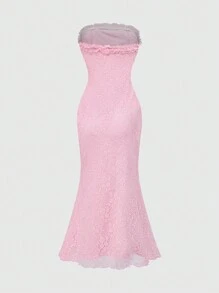 ROMWE Kawaii Vestido ajustado con bandeau de encaje, lazo y diseño sexy para el Día de San Valentín - Rosa - Ver 2