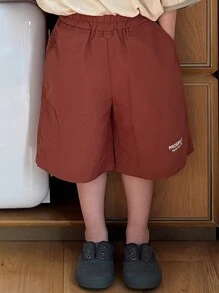 DAZY Young Boy Letter Print Elastic Waist Pocket Casual Shorts - Red - View 7