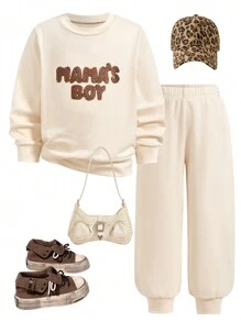 2 件套年轻女孩运动风格圆领长袖上衣 + 长裤，适合春夏季