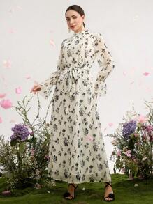 Graceveil 女士雪纺花卉印花浪漫优雅保守阿拉伯长裙，春夏季，端庄 - 白色 - 查看 4