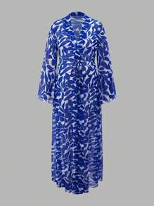 SHEIN Maternity Kimono With Blue Silhouette & Floral Print, Elegant, For Summer Beach Vacation