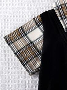 Infant Baby Boy/Girl Summer 2Pcs Outfit Set: Gentleman Style Striped Shirt Collar Mock Layer Tee & Plaid Splice Shorts, Casual Soft Fabric Suit For Holiday, Travel, School, Daily Party, Sports, Spring/Summer