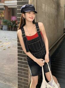 DAZY 女式宽松休闲牛仔连体裤，带口袋，短款夏季太阳裙 - 藍色 - 查看 3