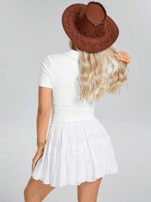 SHEIN LUNE Áo thun thể thao tay ngắn thoải mái phong cách miền Tây Cowgirl dành cho nữ, cổ polo cơ bản, xếp ly bên hông, thường ngày, thoải mái, mùa xuân/hè - trắng - Xem 6