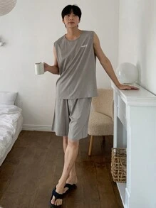DAZY Men's Summer Letter Print Gray Vest & Shorts Lounge Wear Set Pajama - Grey - View 4