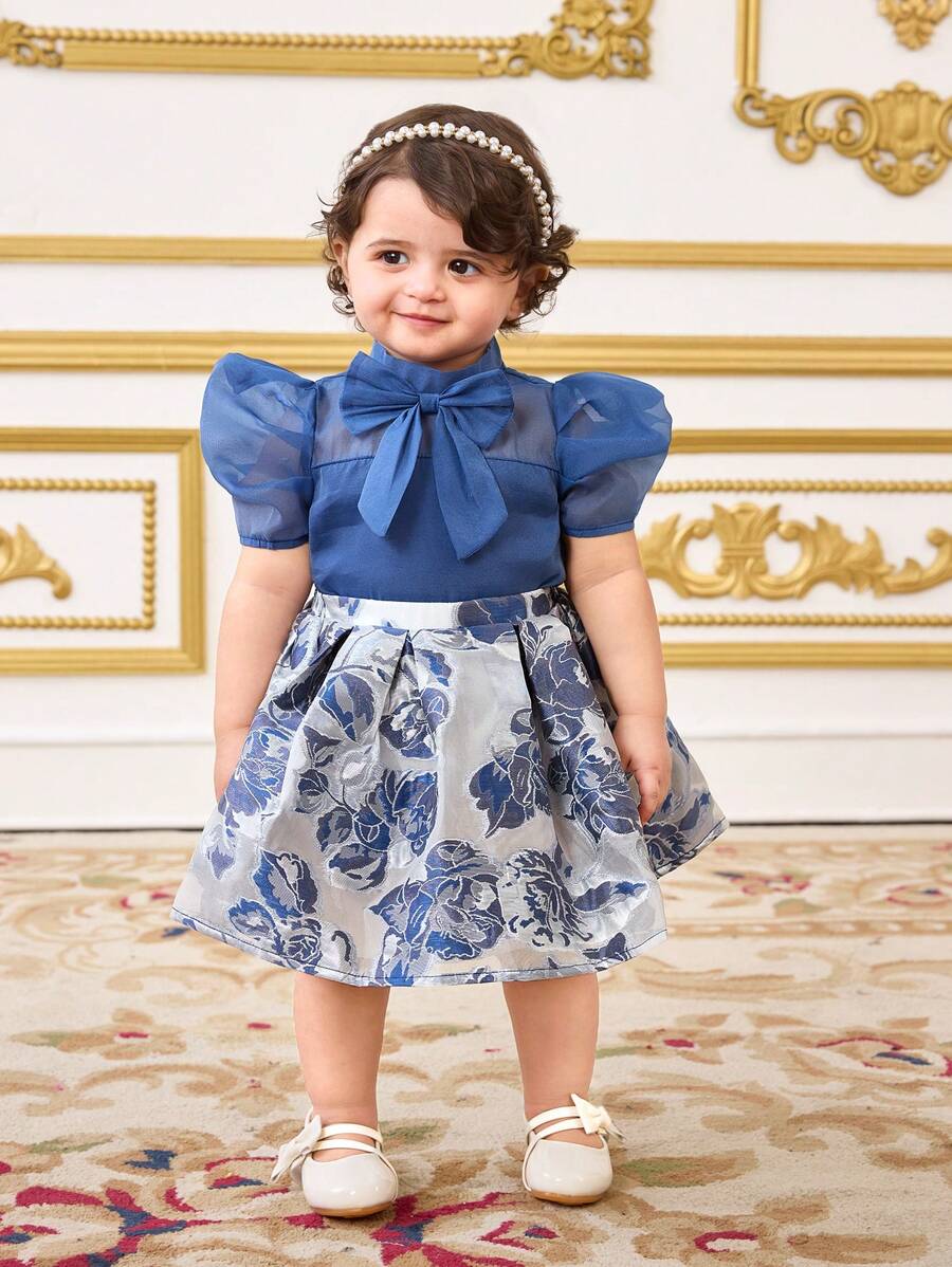 SHEIN 2pcs Baby Girl Cute Blue Floral Print Skirt & Short Sleeve Shirt Set, Summer - Blue - View 1