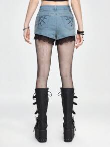 ROMWE Goth Women's Spider Web Pattern Belted Pocket Denim Shorts, Fashionable And Versatile - Blue - View 5