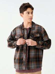 SHEIN 1pc Vintage Distressed Plaid Shirt For Teenage Boys, American Streetwear Style, Retro Checkered Button-Down Collared Shirt With Pockets, Suitable For School, Travel, Daily Wear, Skateboarding, Music Festivals, Clean Fit - Multicolor - View 3