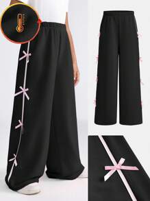 Coolane Kids Tween Girls Casual Contrast Trim Bow Decor Sweatpants, Autumn/Winter - Black - View 1