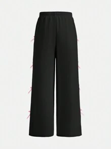 Coolane Kids Tween Girls Casual Contrast Trim Bow Decor Sweatpants, Autumn/Winter - Black - View 2