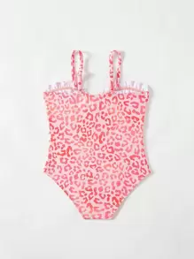 Young Girls Cute Leopard Floral Hollow-Out Fashionable Casual One-Piece Swimsuit - Multicolor - View 2