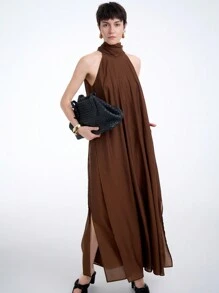 Aalyst Vestito lungo da donna con tasche, stile monocolore, con scollo a canottiera, adatto per la primavera/estate - Caffè Marrone - Visualizzare 6