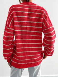 EURMUSE Áo len sọc Colorblock thường ngày cho nữ, Thu/Đông - Đỏ - Xem 2