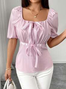 Elenzga Women's Spring/Summer Square Neck Elegant Bowknot Cuffed Sleeve Blouse