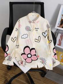 SHEIN Leap Crew Young Girl Ditsy Floral Long Sleeve Button-Down Oversized Blouse - White - View 1