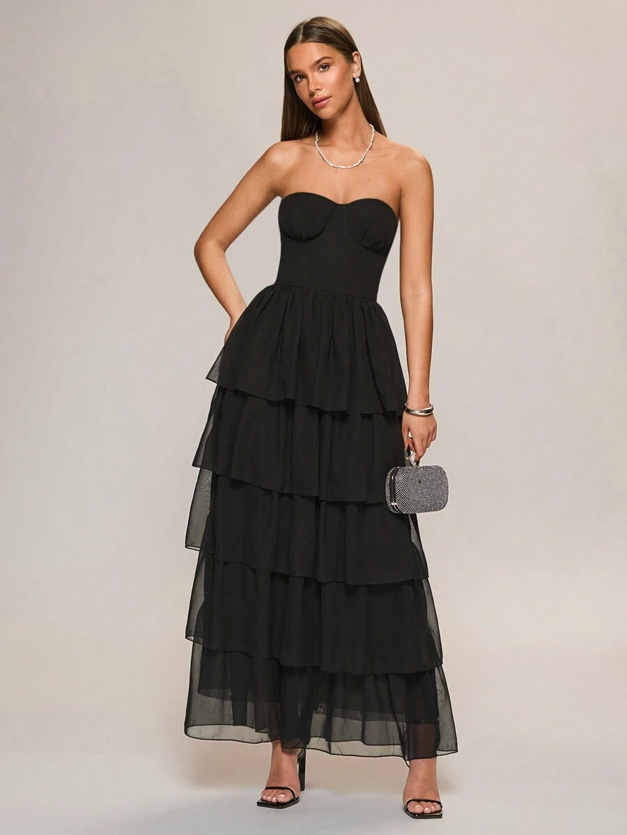 Glamine Vestido maxi elegante de gala de gasa con volante y volantes, vestido negro, bono de pastel