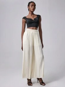 Chiquease 雪纺透明宽松阔腿裤裙，高腰褶皱阔腿裤，需熨烫，新款优雅造型 - 杏色 - 查看 6