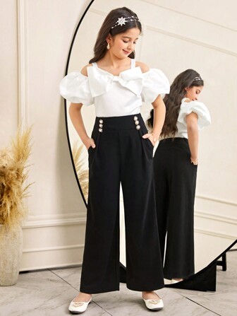 SHEIN Tween flickor Casual Elegant All-Match mångsidig pärlknappsdekor vid lösa byxor