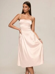 Glamine Women Solid Color Pleated Waist Strap Elegant Mid-Calf Dress - Dusty Pink - View 6