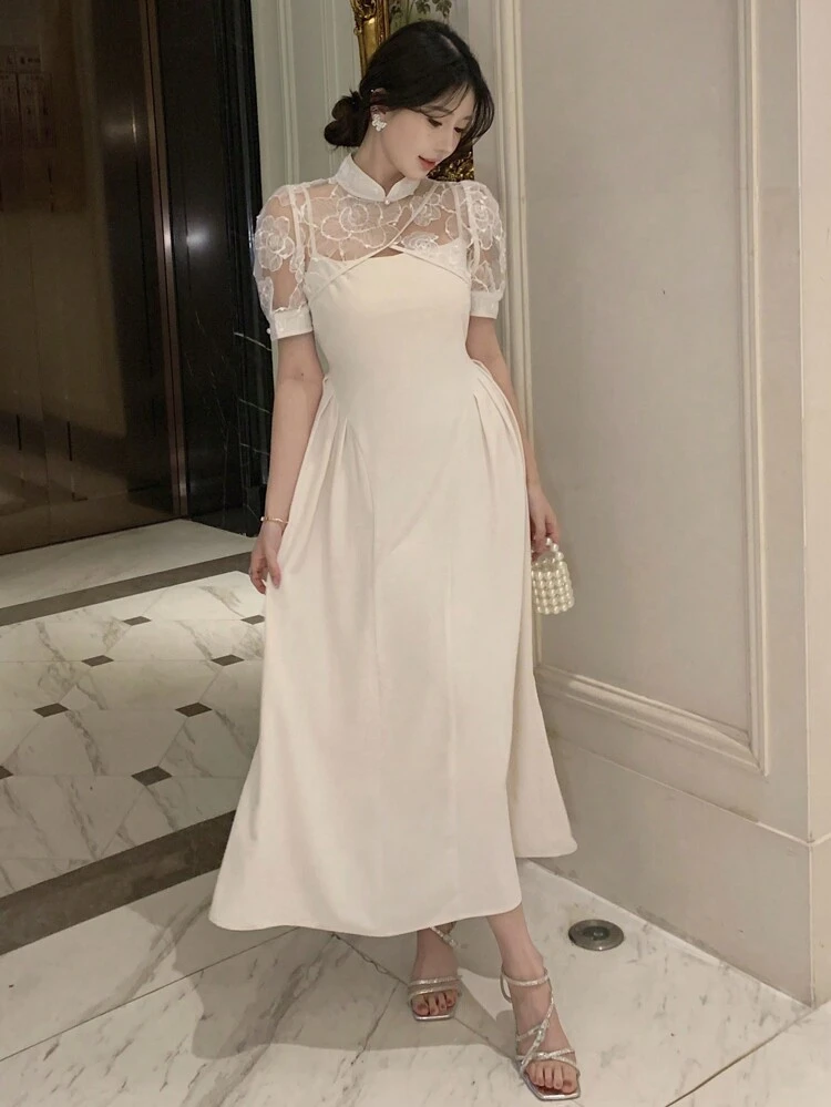 Women's White Spaghetti Strap Dress, Summer Solid New Chinese Style Improved Cheongsam Elegant Pleated 2 Pieces Set