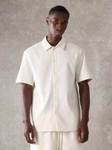 SUMWON Premium Textured Ribbed Summer Co-Ord Set Button Down Shirt Shorts Matching Set Casual Resort Beach Holiday Two-Piece Outfit Slim Fit - Beige - View 3