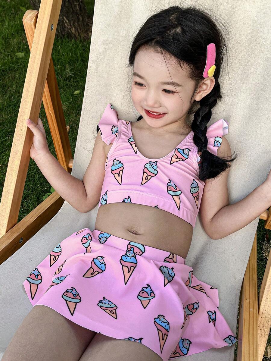 DAZY Young Girl Ice Cream Print Ruffle Swimwear Set - Pink - View 1