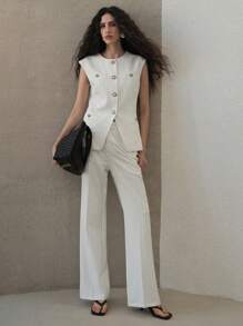 MOTF PREMIUM STRIPED PRESS CREASE FLARE LEG SUIT PANTS - Black and White - View 5