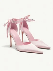 CUCCOO CHICEST Giày cao gót mũi nhọn đính nơ ruy băng 3D cho nữ, phong cách ngọt ngào lãng mạn thanh lịch, giày cao gót satin màu hồng thích hợp cho buổi hẹn hò, trà chiều, ngày lễ tình nhân, tiệc sinh nhật, trang phục quý cô tinh tế - Hồng - Xem 7