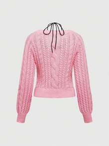 ROMWE Kawaii Heart-Shaped Rhinestone Button Lace Halter Thin Cardigan - Pink - View 2