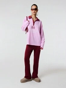 SHEIN Unity Letter Print Contrast Polo Neck Drop Shoulder Long Sleeve Casual Sweatshirt Fall Cloth For Women - Pink - View 6